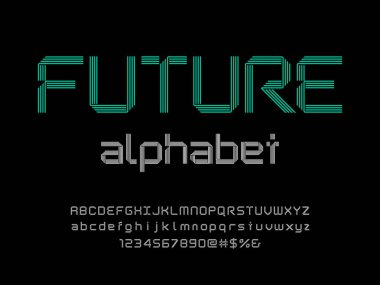 Büyük harf, küçük harf, sayı ve sembol ile modern stilize alfabe tasarımı