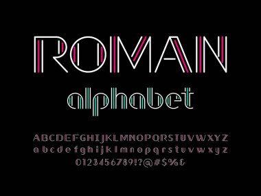 Büyük harf, küçük harf, sayı ve sembolle modern stilize edilmiş alfabe tasarımı