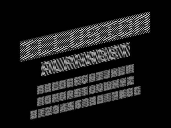 Optical illusion style alphabet design with uppercase, numbers and symbols