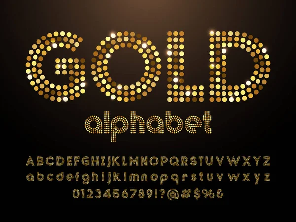 Gold Dotted Glittering Style Alphabet Design Uppercase Lowercase Numbers Symbols — Stock Vector