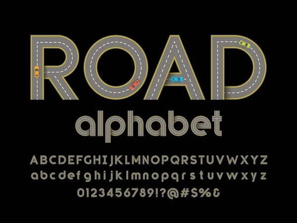 Büyük, küçük, sayılar, semboller ve araçlarla yol biçimi alfabesi dizaynı
