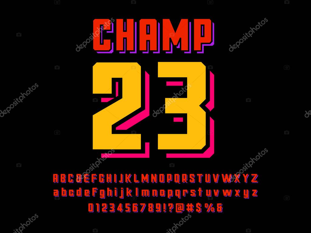 Sports style alphabet design with uppercase, lowercase, numbers and symbols