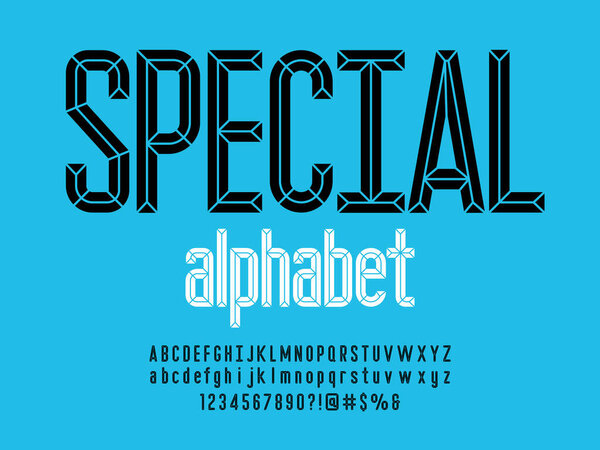 Chisel style alphabet design with uppercase, lowercase, number and symbols