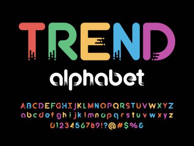 Büyük, küçük, rakamlar ve sembollerle biçimlendirilmiş eritilmiş alfabe dizaynının vektörü