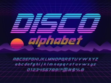 Retro fütürizm alfabe dizaynı büyük harf, küçük harf, sayı ve semboller