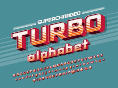 Büyük harf, küçük harf, sayılar ve sembollerle klasik yarış stili alfabe tasarımı