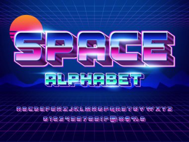 Metalik efektli gelecekçi retro biçim alfabe tasarımının vektörü