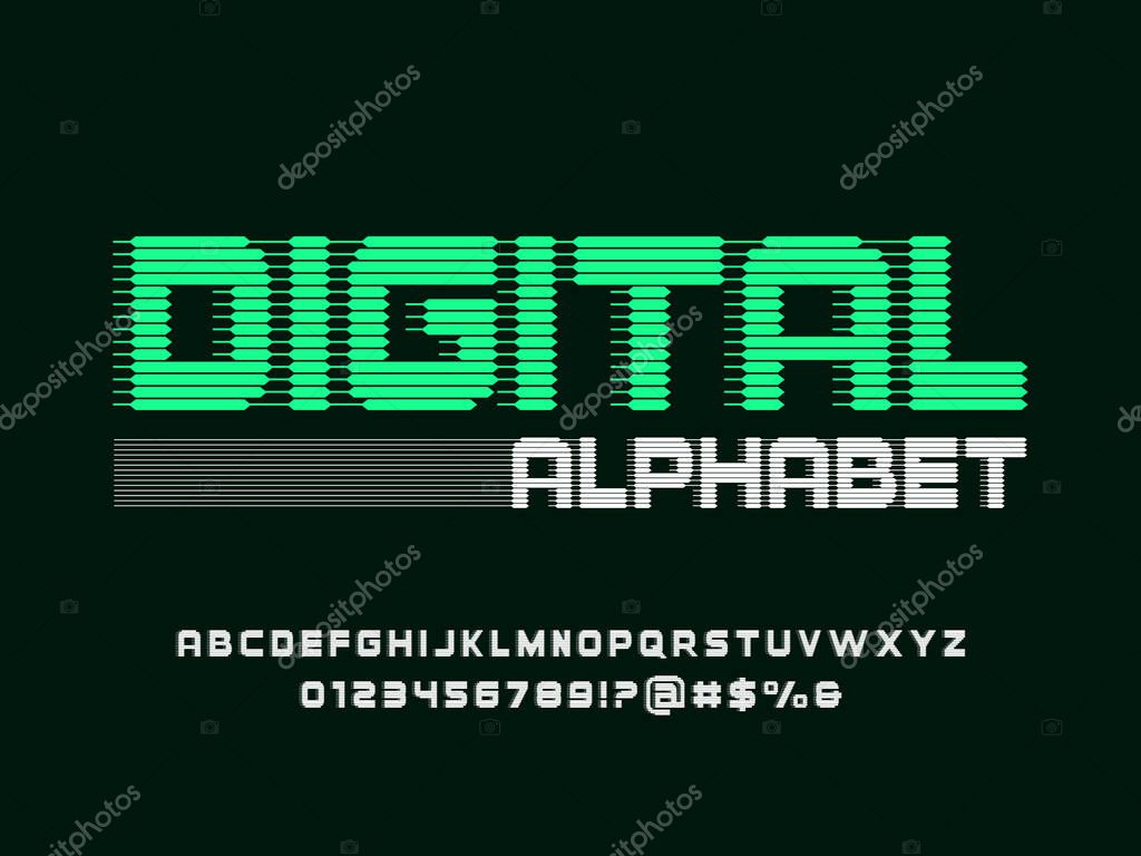 Futuristic abstract alphabet design with uppercase, numbers and symbol