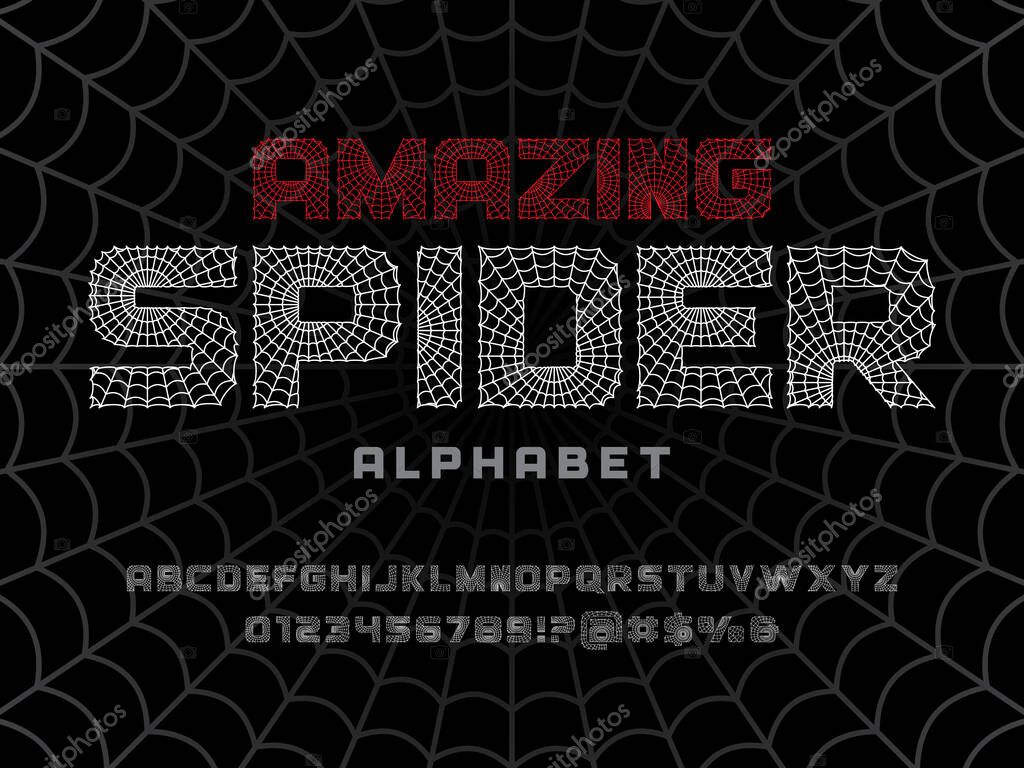 Spider web alphabet design with uppercase, numbers and symbols
