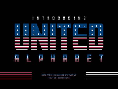 Büyük harf, sayı ve sembollerle Amerika bayrak stili alfabe tasarımı