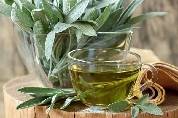 Sage herbal leaf tea or gargling in a glass cup with herb leaves nearby on rustic wood, closeup, copy space, herbal drinks and naturopathy concept