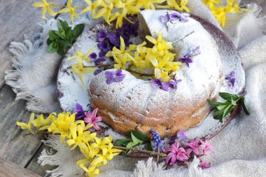 Bahar tatili pastası Bahar ayları çiçekleri ile süslenmiştir: forsythia, sümbül ve menekşe, yakın plan, fotokopi alanı, yumurtasız vejetaryen pişirme ve paskalya bayramı tatlı konsepti