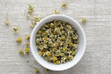 Chamomile dried flower tea in a white bowl on linen textile with blossoms and buds nearby, closeup, copy space, flat lay, from above overhead top view, healthy herbal teas and natural healer concept clipart