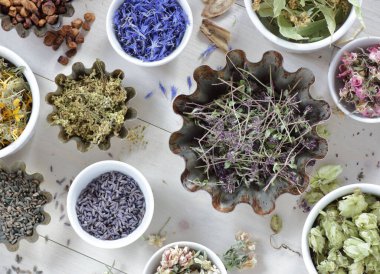 Kurutulmuş bitkilerin çeşitli çeşitleri: çiçek, kök ve tohum, masanın üzerinde düz, lavanta, papatya, ıhlamur, gül, mısır çiçeği, kekik, ve diğer yukarıdan bakıldığında doğal ve ilaç konsepti,
