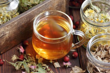 Kuru homeopatik bitkilerle bitkisel çay ve kavanozlar: papatya çayı, ıhlamur, zambak, dula, burdock, gül kalçası ve çiçekler, yakın plan, kopyalama alanı, naturopati ve doğal tıp konsepti