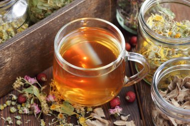 Kuru homeopatik bitkilerle bitkisel çay ve kavanozlar: papatya çayı, ıhlamur, zambak, dula, burdock, gül kalçası ve çiçekler, yakın plan, kopyalama alanı, naturopati ve doğal tıp konsepti