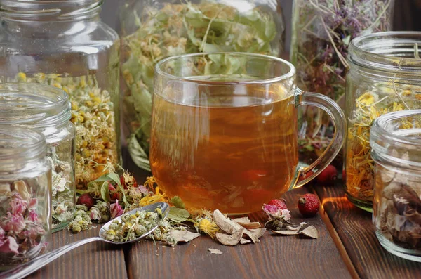 Tisane Barattoli Con Erbe Omeopatiche Secche Camomilla Tiglio Calendula Bardana — Foto Stock