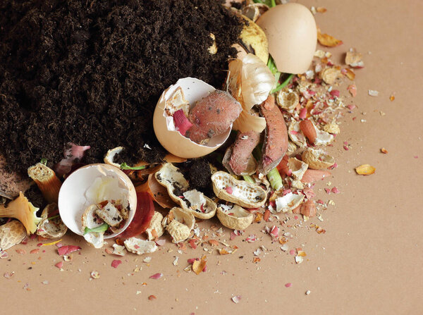 Organic waste, heap of biodegradable vegetable compost with decomposed organic matter on top isolated on beige, closeup, zero waste, eco friendly, waste recycling and natural fertilizer concept
