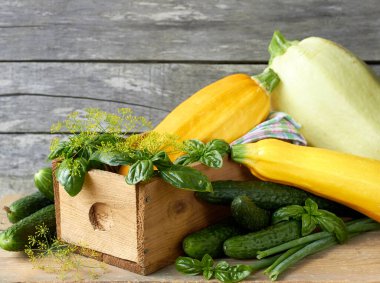 Taze bahar ve yaz sebzelerinin çeşitliliği: salatalık, fesleğen, kabak, kabak, kırsal ahşap arkaplan üzerine dereotu tasarım, yakın plan, organik eko ev yapımı gıda konsepti