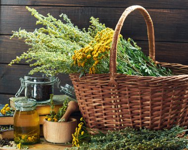Herbal helminthic triad: absinth, tansy and cloves; fresh herbs in the wicker basket and wooden mortar, on old books,  healing infusion is nearby, closeup, copy space, antihelminthic alternative medicine and naturopathy concept clipart