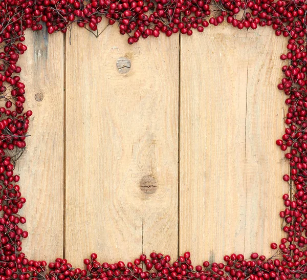 Autumn Frame Red Berries Haw Thorn Tree Flat Rough Wooden — Stock Photo, Image