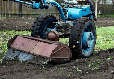 Eski el traktörü toprağı işliyor, motor bloğu, bahçedeki çiftlik arazisinde, toprak yumuşuyor, arka planda yeşil bir siderasyon kültürü, ekin, yakın plan