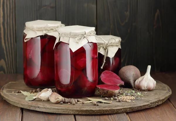 Canned Beetroot Glass Jars Rustic Wooden Background Closeup Food Storage — Stock Photo, Image