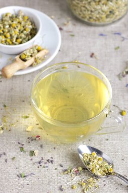 Cam fincanda papatya çayı ve kavanozda kuru bitki çiçekleri, yukarıdan bakıldığında doğal tıp, uyku için şifalı içecekler, cilt ve saç bakımı konsepti.