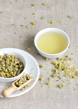 Çin fincanındaki papatya çayı ve kuru bitki çiçekleriyle dolu cam kavanoz, yukarıdan bakıldığında, naturopati, doğal tıp, uyku için iyileştirme içecekleri, cilt ve saç bakımı konsepti.