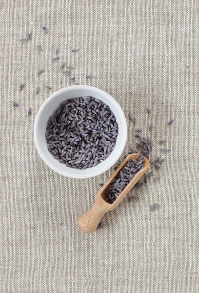 Lavendel Trockenkraut Einer Schale Mit Blumen Der Nähe Nahaufnahme Von — Stockfoto