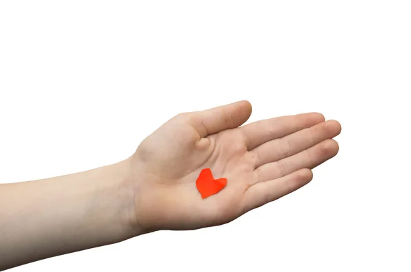 Boy have cut heart from colored red paper and showing that on hi — Stock Photo, Image