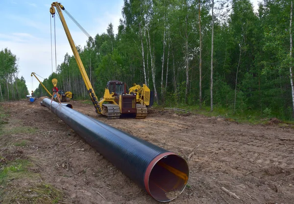 Pipelayer with side boom Installation of  gas and crude oil pipes in ground. Construction of the gas pipes to new LNG plant. Soft focus