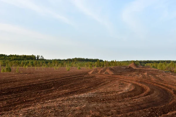 Landscape on peatlands where being development of the peat. Drainage of peat bogs at extraction site. Drilling on bog for oil exploration. Wetlands declining and under threat.