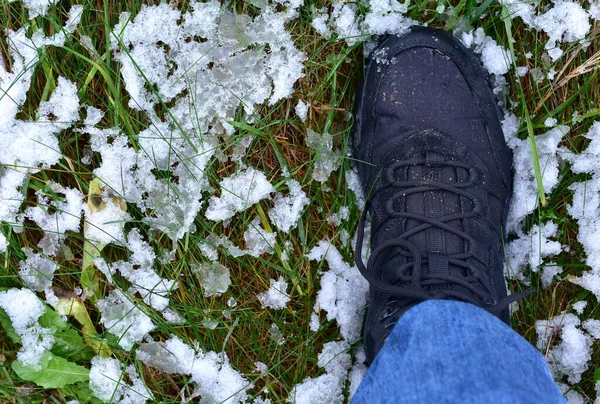 Men\'s feet in hiking shoes on a background of wet first snow on the grass. Rain footwear for man or woman. Trekker boots for for cold and weather hike. Waterproof travel shoe in blue jeans