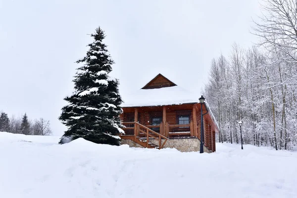 Wooden house in mountain in winter time. Log cabin in forest alone in wilderness. Wooden house with a wooden roof against background of snow-covered fir trees. Relaxation and solitude in wild