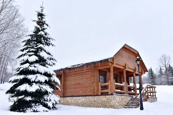 Wooden house in forest in winter time. Log cabin in the forest alone in wilderness. Wooden house with a wooden roof against background of snow-covered fir trees. Relaxation and solitude in the wild