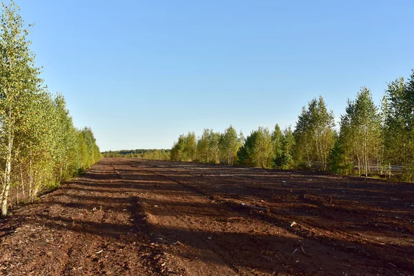 Landscape on peatlands where being development of the peat. Drainage of peat bogs at extraction site. Drilling on bog for oil exploration. Wetlands declining and under threat.