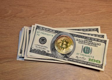 Dolar destesinde Bitcoin paraları var. Kripto para birimine yatırım yapma ve dolar döviz kurundaki düşüşten dolayı kâr elde etme kavramı. Bitcoin kullanımının yasaklanması