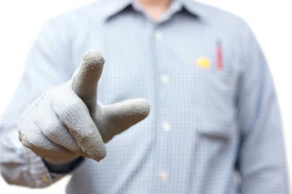 Construction worker pointing with finger. Ready for sample text Stock Picture