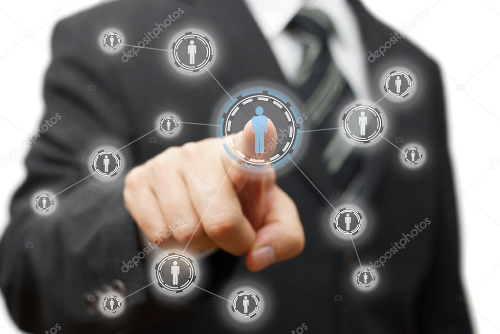Businessman pressing virtual button on  screen. network,communit