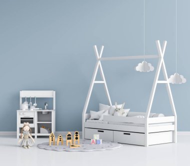 Mavi çocuk yatak odası. Model için iç mekan, 3 boyutlu.