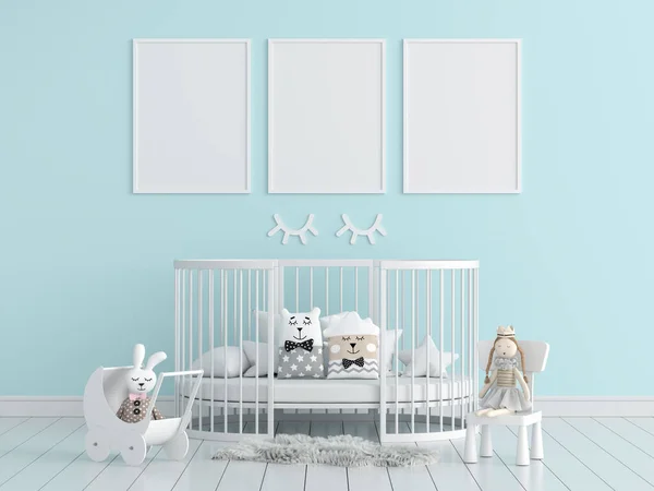 Three Blank Photo Frame Mockup Blue Child Room Rendering — Stock Photo, Image