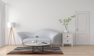 Beyaz oturma odasındaki gri kanepe ve masa. Model için iç mekan, 3 boyutlu.