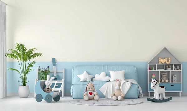 Sofa Biru Dan Boneka Interior Ruang Anak Untuk Mockup Render — Stok Foto