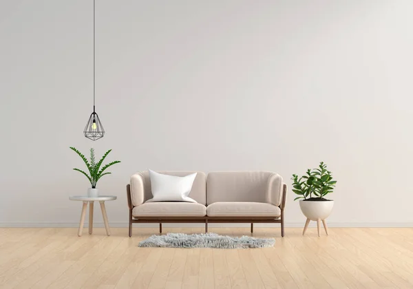 Brown sofa in white living room for mockup,3D rendering