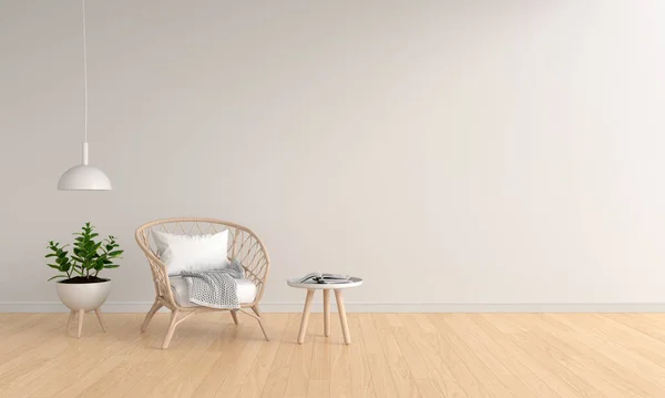 Tkaná Dřevěná Židle Bílém Obývacím Pokoji Pro Makety Vykreslování — Stock fotografie