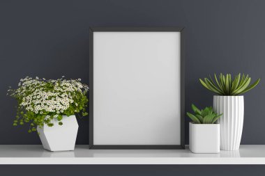 Çiçek ve sulu saksı bitkisi, çerçeve modeli, 3 boyutlu.