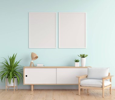 Mavi oturma odasındaki yan tahtada resim çerçevesi, 3 boyutlu görüntüleme