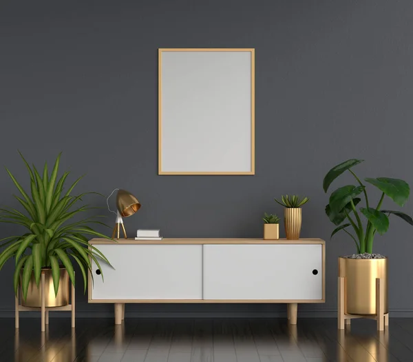 Sideboard in black living room with picture frame mockup, 3D rendering