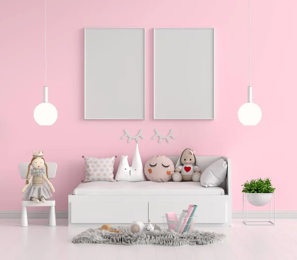 Dormitorio Infantil Rosa Con Marco Imagen Maqueta Representación —  Fotos de Stock